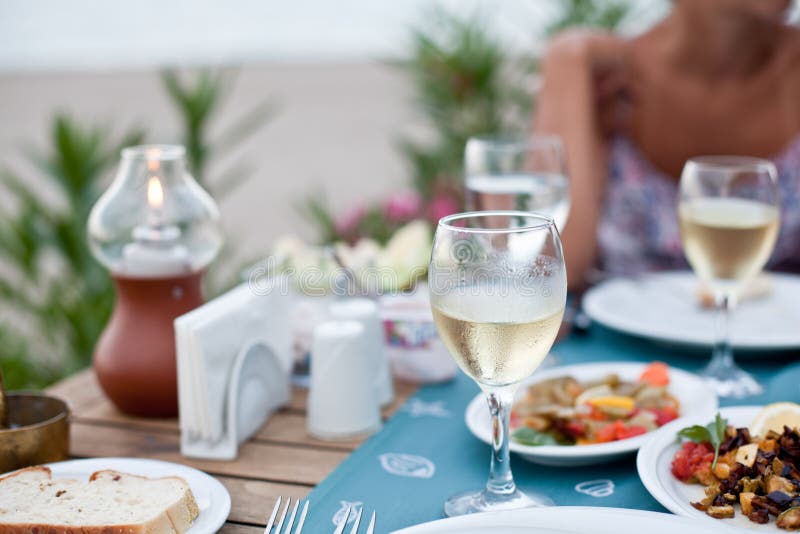 Romantic Dinner With White Wine. Stock Image - Image of restaurant