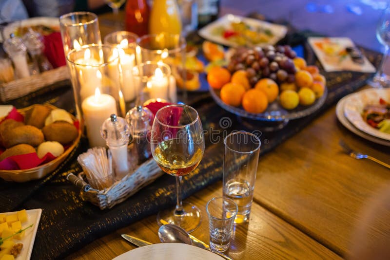 Romantic Dinner with Wine and Candles on a Table. Stock Image Image of celebration, party