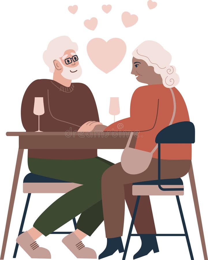 Romantic elderly couple sitting at a cafe table. Smiling mature man and woman drinking wine together. Family talking spending time at cafeteria. Valentine day. Isolated flat vector illustration