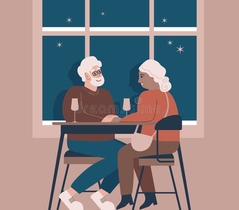 Romantic elderly couple sitting by the window in a cozy cafe. Smiling mature man and woman drinking wine together. Family talking spending time at cafeteria. Valentine day. Flat vector illustration