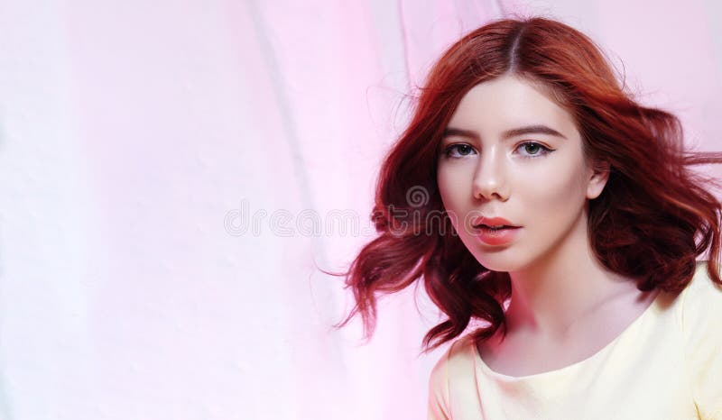 Romantic European Girl with Shiny Ginger Hair. Cute Tender Teenager Girl  with Fresh Make-up, Curly Red Hair. Light Pink Stock Photo - Image of girl,  lifestyle: 135958534