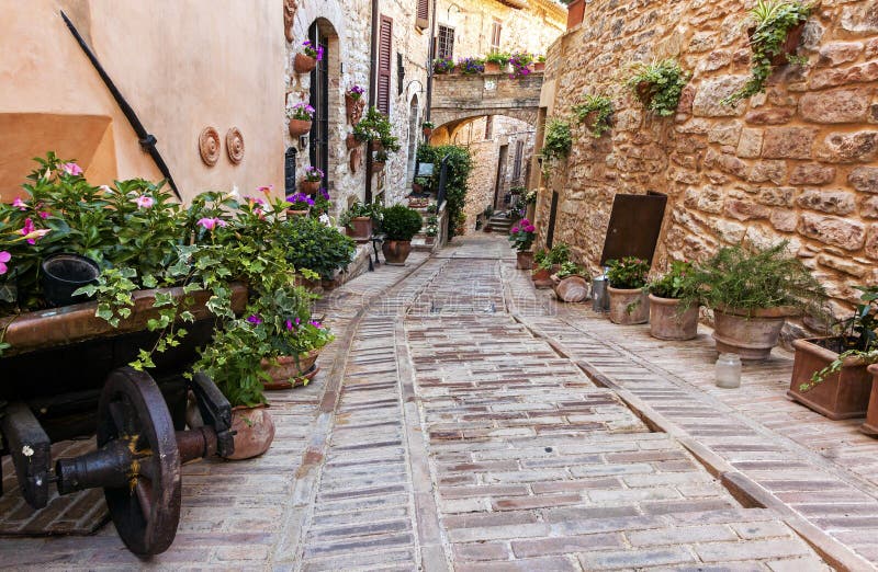 Romantic floral street in Spello, medieval town in Umbria, Italy. Famous for narrow lanes and balconies and windows with flowers