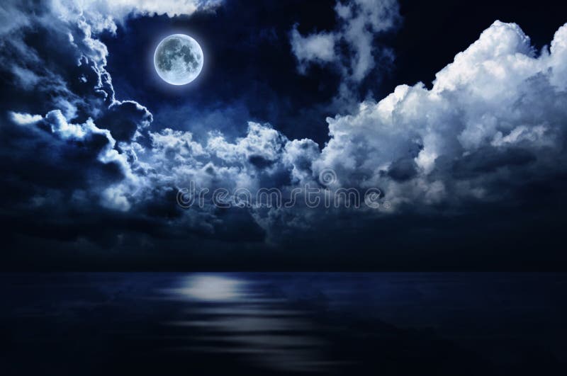 Brilliant full moon and cloudy night sky reflecting in still waters. Brilliant full moon and cloudy night sky reflecting in still waters.