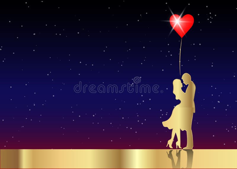 Romantic gold silhouette of loving couple Valentines Day 14 February. Happy Lovers Vector illustration isolated or starry universe