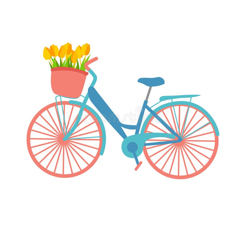 Romantic illustration about spring featuring a bicycle with a flower basket in pastel colours. Vector illustration flat design ret