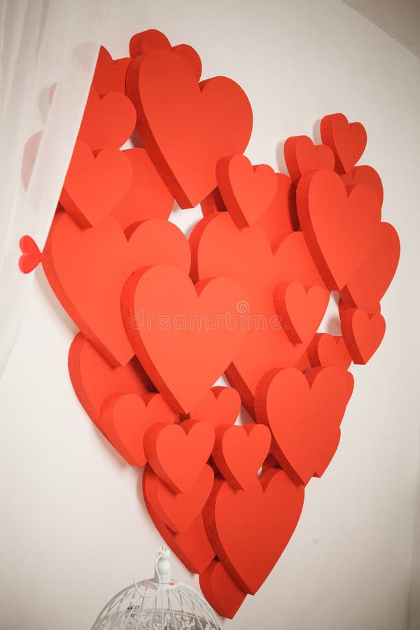Romantic Interior Red Hearts on the Wall. Stock Image Image of