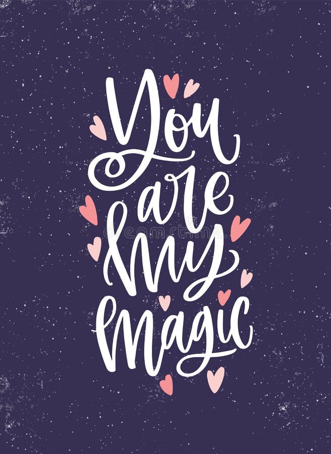 Romantic message vector lettering. You are my magic handwritten phrase with decorative hearts on blue background royalty free illustration