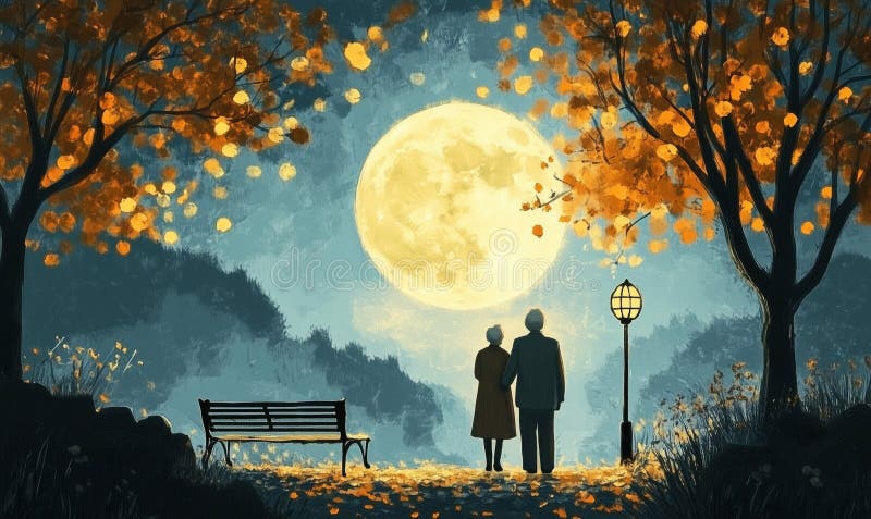 Romantic moonlit scene with elderly couple standing together under full moon, surrounded by autumn trees and a park royalty free stock photos