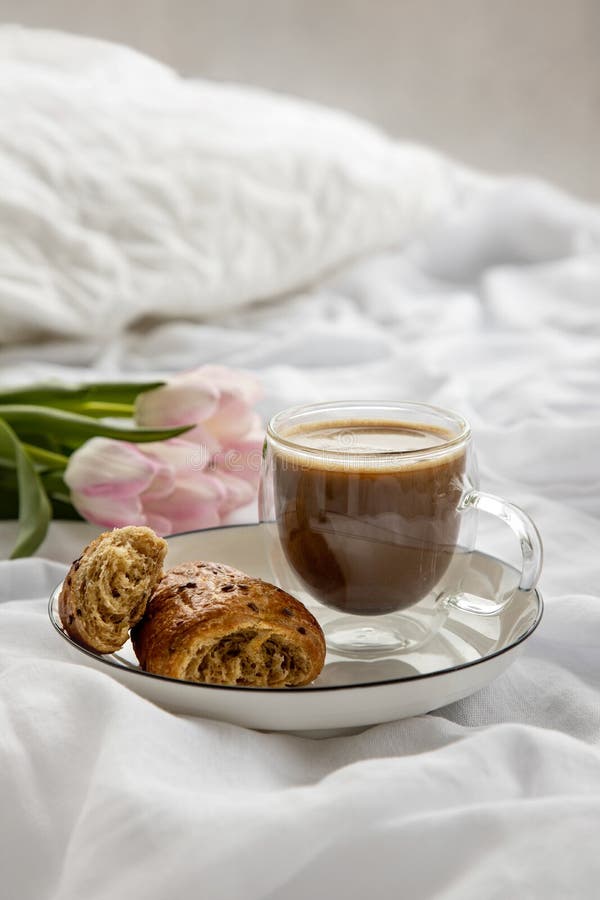 Romantic Morning Cup of Coffee with a Croissant in a Bedroom Stock ...