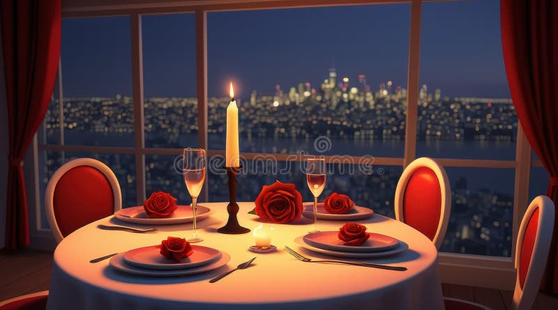 Romantic Nighttime Cityscape-middag för två royaltyfri illustrationer