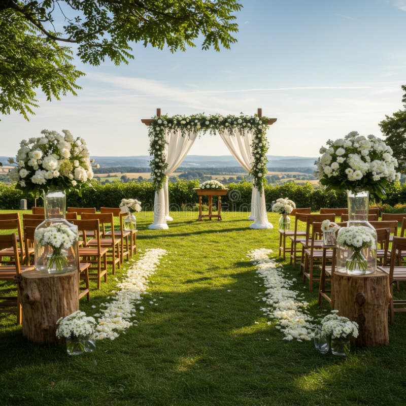 Romantic Outdoor bröllopemony med White Floral Arch vektor illustrationer