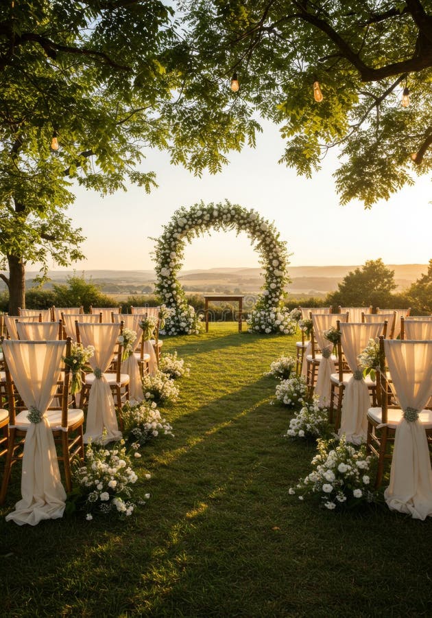 Romantic Outdoor bröllopemony med White Floral Arch stock illustrationer