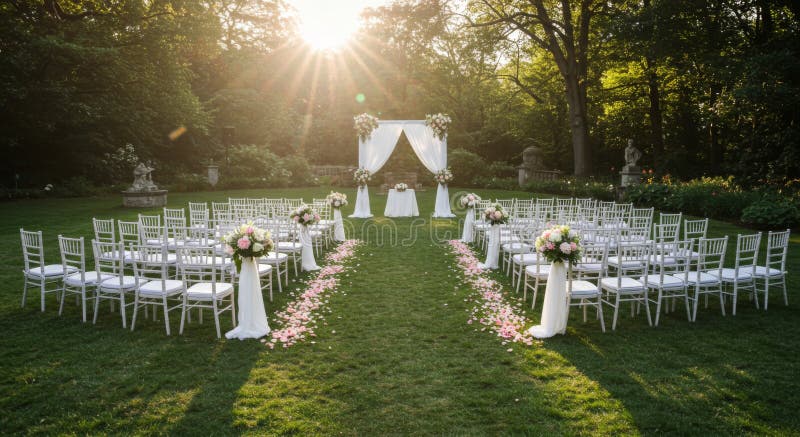Romantic Outdoor Wedemony i en Lush Garden stock illustrationer