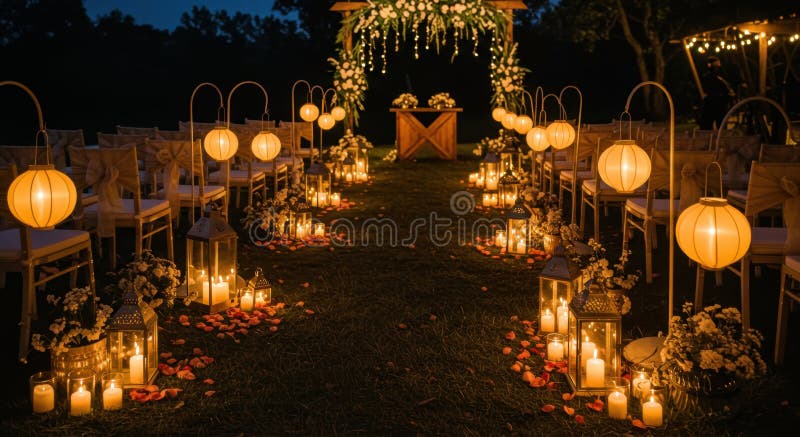 Romantic Outdoor Wedemony med Candlelight stock illustrationer