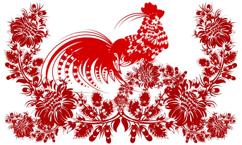 romantic painting Rooster Chinese calendar year of rooster flower red silhouette vector eps10 folk art decorative painting stock illustration romantic painting Rooster Chinese calendar year of rooster flower red silhouette vector eps10 folk art decorative painting stock illustration