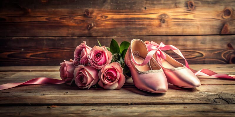 Romantic Pink Ballet Flats with Delicate Roses and Ribbon Exquisitely Displayed on a Rustic Wooden Surface A Stunning stock illustration