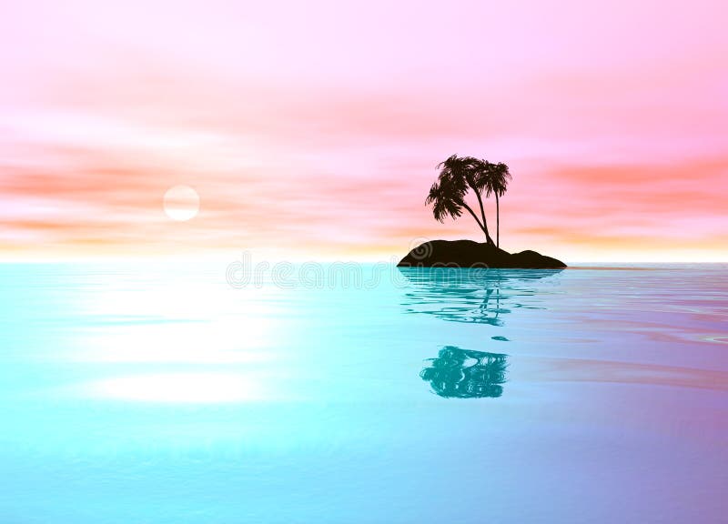 Romantic Pink Desert Island with Palm Tree stock illustration