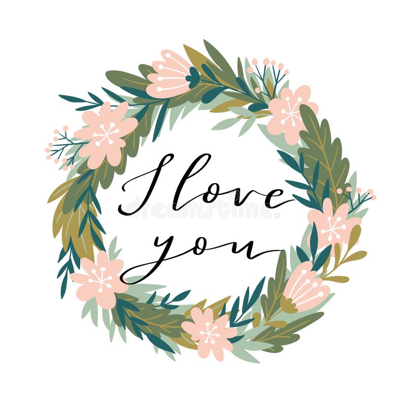 Romantic pink peony wreath with lettering - `I love you`. Vector illustration for Valentine`s day. royalty free illustration