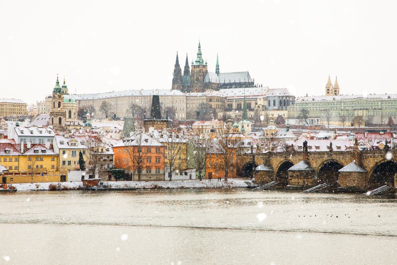 Prague Castle and Charles Bridge at winter, Czech Republic.