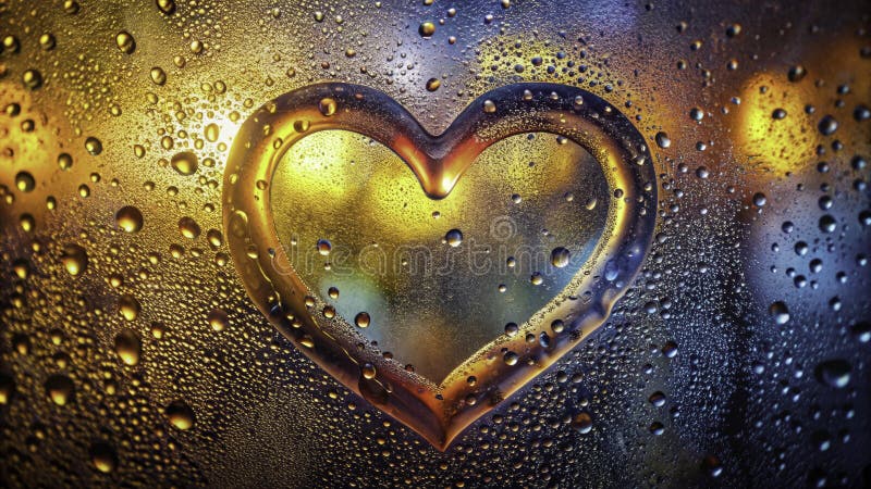 Rain-streaked window with heart-shaped droplets glowing in warm night light, evoking romantic surrender