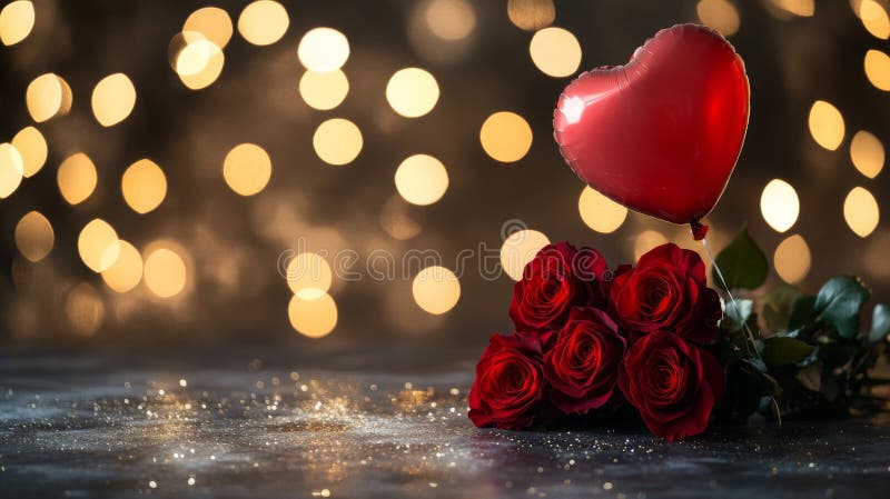 Romantic Red Roses med Heart Balloon Glittering Tabletop med bokeh Lights Background for Valentines eller Årsdag royaltyfri illustrationer