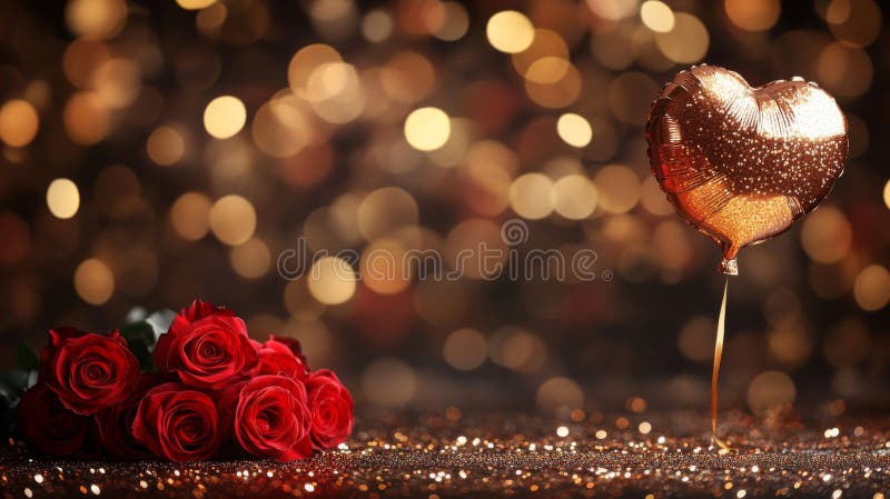 Romantic Red Roses och Gold Heart Balloon vektor illustrationer