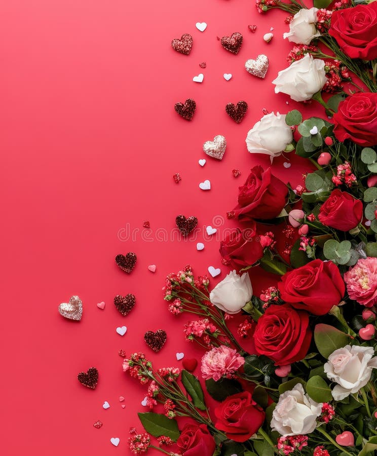 A romantic scene of vibrant flowers and playful hearts against a soft pink backdrop, inviting love and heartfelt royalty free stock photos