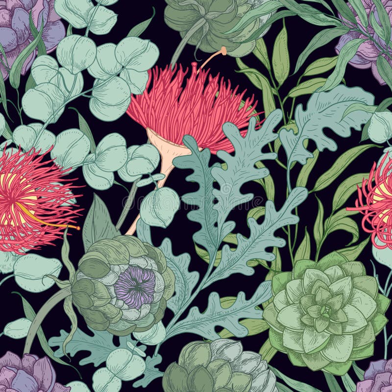 Romantic seamless pattern with wild blooming flowers and herbs used in floristry hand drawn on black background