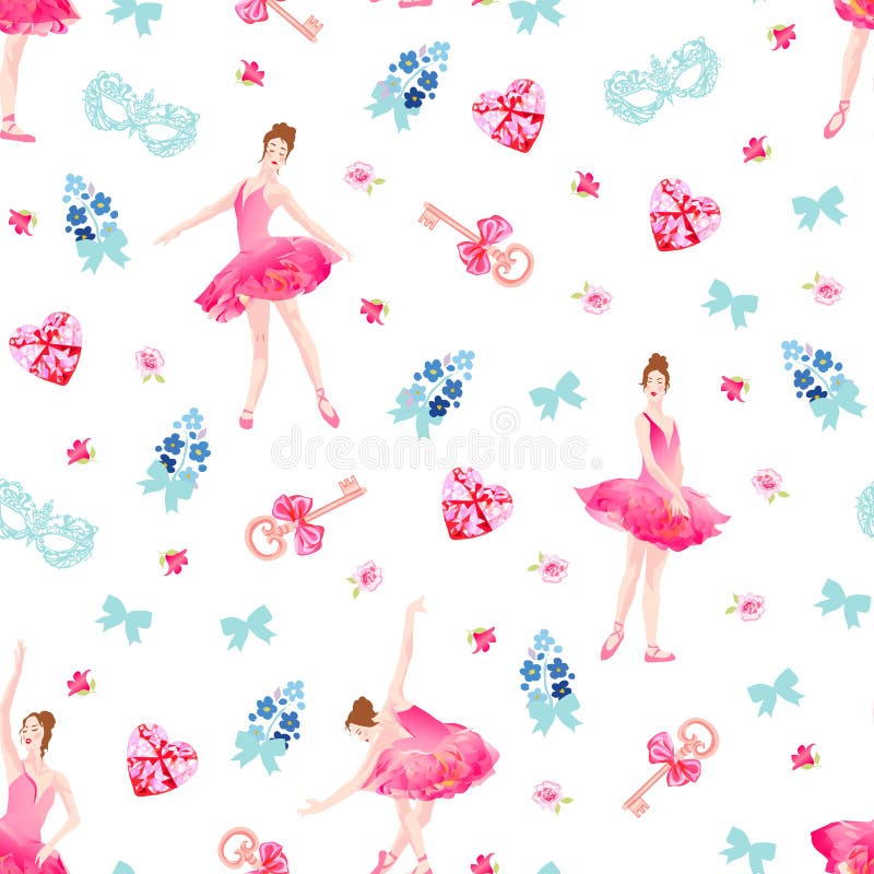 Romantic seamless vector pattern with ballerinas, keys, bows, pink diamond hearts, flowers.