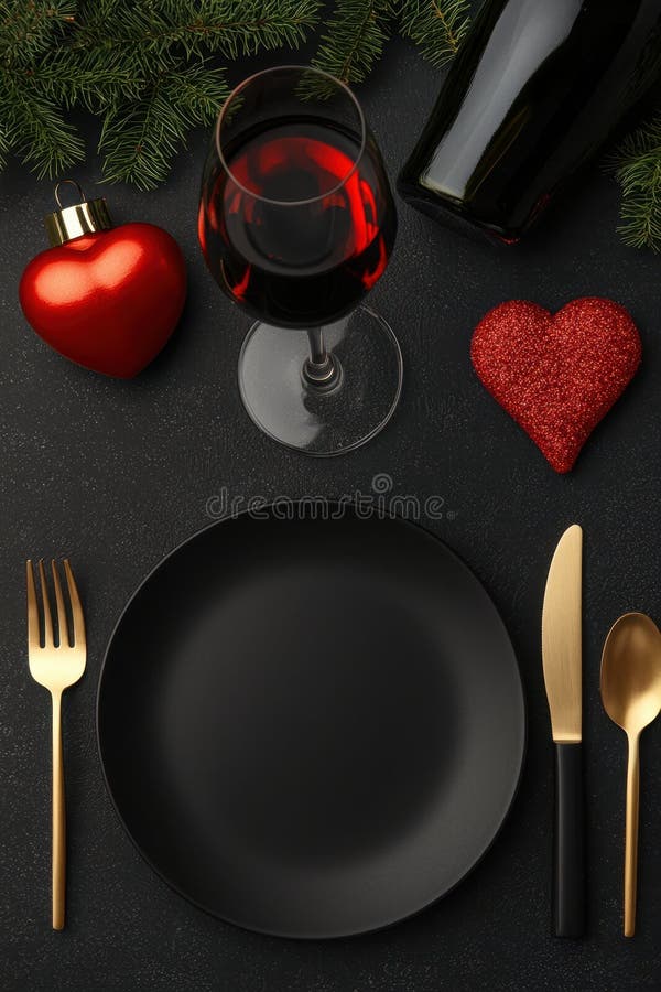 A romantic table setting features a plate, elegant fork, knife, and a glass of red wine, perfect for a cozy stock images