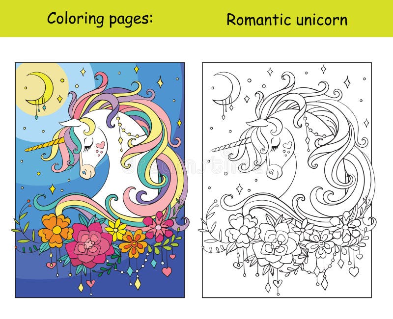 Romantic unicorn portrait with moon and stars in the cloudy sky. Coloring book page wih colored template. Vector cartoon isolated illustration. For coloring book  preschool education  print  game. Romantic unicorn portrait with moon and stars in the cloudy sky. Coloring book page wih colored template. Vector cartoon isolated illustration. For coloring book  preschool education  print  game