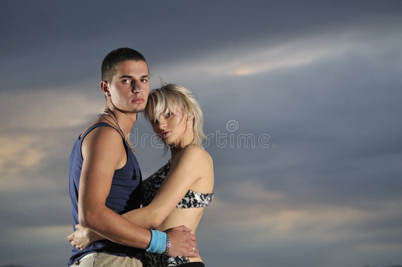 Romantic urban couple dancing outdoor