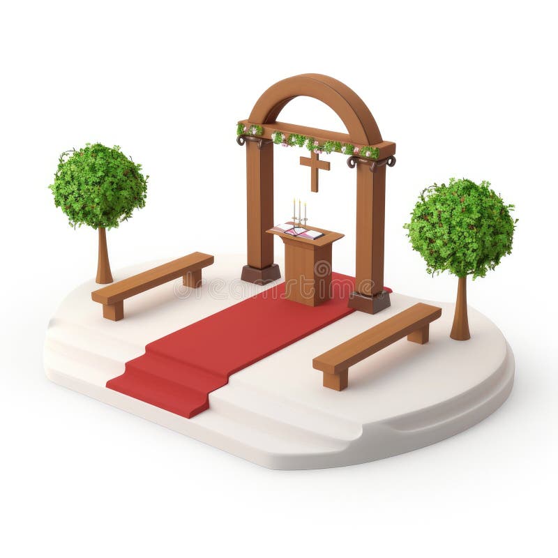 Romantic Utomhusbröllop Ceremony-installation med Arch och Red Carpet. En charmerande 3D-rendering av en enkel ceremoni utomhus. En träpåk som dekoreras med blommor i en liten altare, två träbänkar och som alla snurrar på en vit plattform med en röd matta som leder till altaren. Perfekt för inbjudningar eller webbplatsdesign.