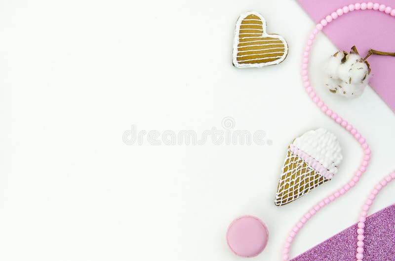 Romantic Valentines day love composition. Mockup. heart cookies empty space background for Valentines day. Pink love, flat lay