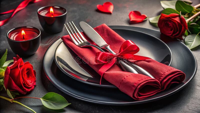 A Romantic Valentines Day Table Setting Black Background Red Napkin and Panoramic View for an Elegant Dining Experience vector illustration