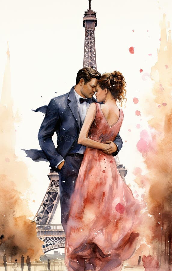 Romantic Watercolor Illustration of a Man and a Stylishly Dressed Woman ...