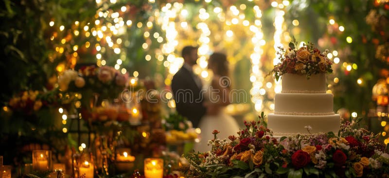 Romantic wedding celebration with elegant cake and enchanting fairy lights stock image