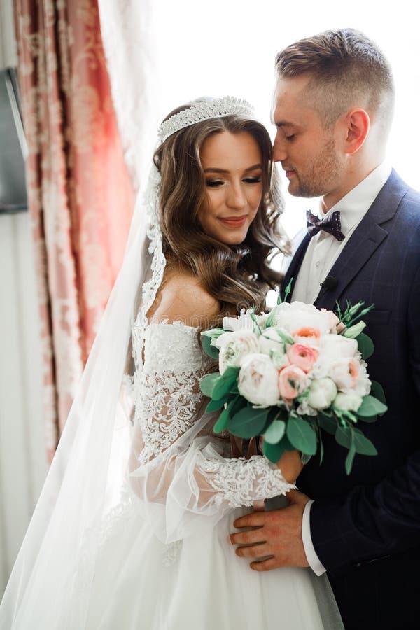 Romantic Wedding Moment Couple Of Newlyweds Smiling Portrait Bride