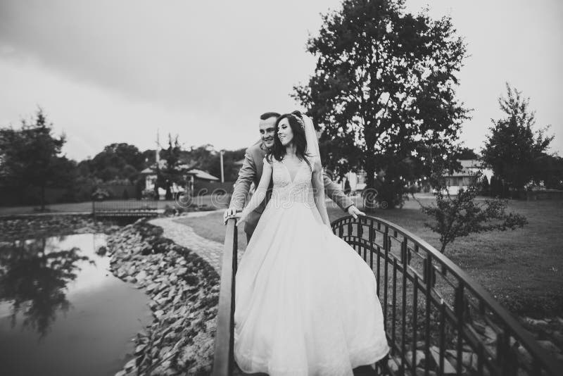 Romantic wedding moment, couple of newlyweds smiling portrait, bride and groom hugging