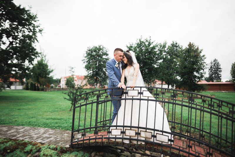 Romantic wedding moment, couple of newlyweds smiling portrait, bride and groom hugging