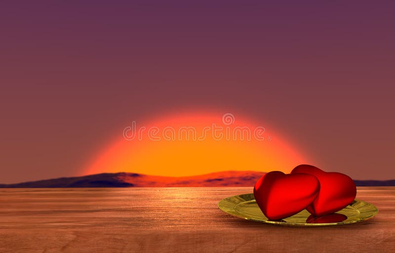 Romantic wooden table with sea sunset on background