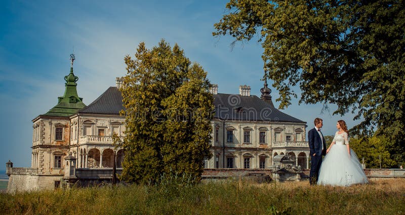 Romantisch die volledig-lenght-hoogtepunthuwelijk van de vrolijke jonggehuwden wordt geschoten die handen houden bij de achtergro stock fotografie Romantisch die volledig-lenght-hoogtepunthuwelijk van de vrolijke jonggehuwden wordt geschoten die handen houden bij de achtergro stock fotografie
