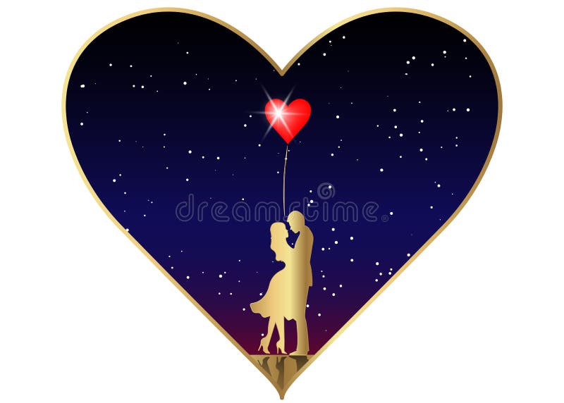 Romantisch gouden silhouet van het houden van van paar op sterrige heelalachtergrond Valentijnskaarten Dag 14 Februari Gelukkige