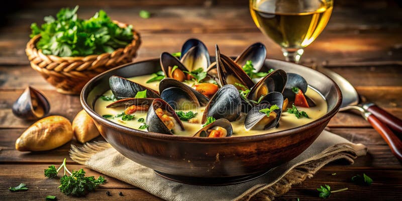Romantische Muscheln in Creamy Weißer Wein Sauce Ein perfektes Wochenende in Locarno Wählen Sie aus einem der besten Gerichte der stock abbildung