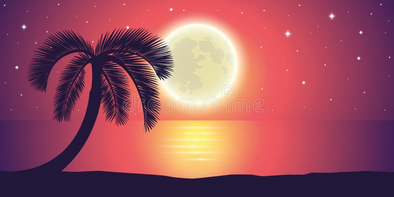 Romantische nachtvolle maan door het overzees met palmlandschap royalty-vrije illustratie Romantische nachtvolle maan door het overzees met palmlandschap royalty-vrije illustratie