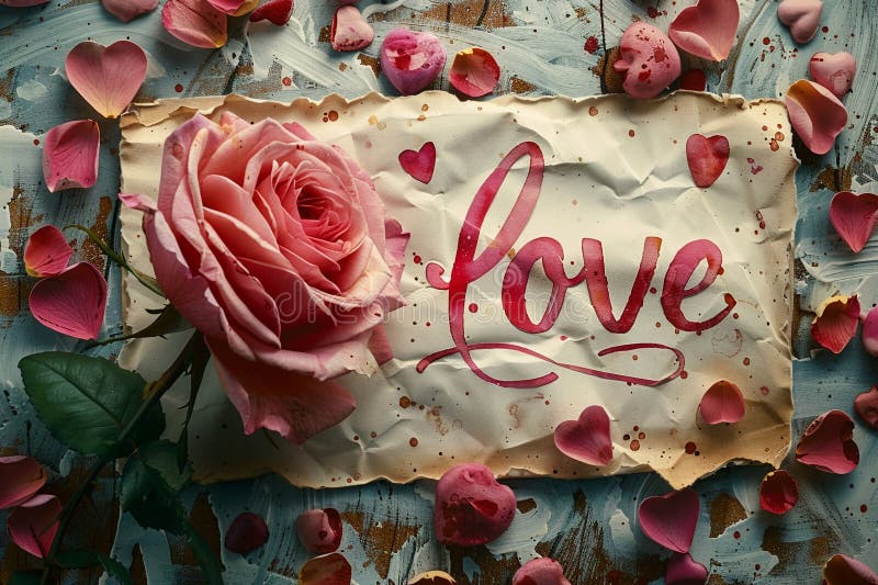 Romantische Rosenblüten und Liebe auf Vintage Papier lizenzfreie abbildung
