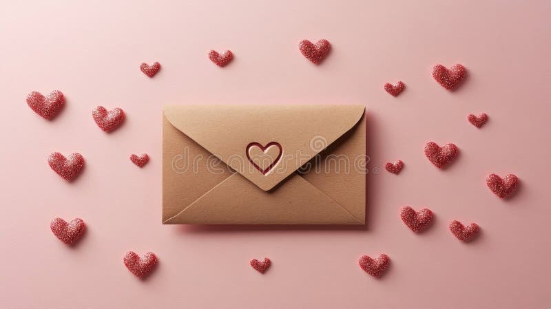 Romantische Valentintagsbotschaft : Braune Umschlag mit roten Herzen vektor abbildung