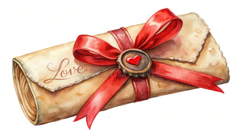 Romantischer Liebesbrief mit Roter Seidenband und Wachssilber - ein Vintage Valentines Tagesgeschenk oder Vorschlag lizenzfreie abbildung