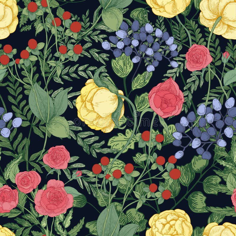Romantisches natürliches nahtloses Muster mit blühenden Blumen des Gartens und blühenden Kräutern auf schwarzem Hintergrund Elega lizenzfreie abbildung Romantisches natürliches nahtloses Muster mit blühenden Blumen des Gartens und blühenden Kräutern auf schwarzem Hintergrund Elega lizenzfreie abbildung