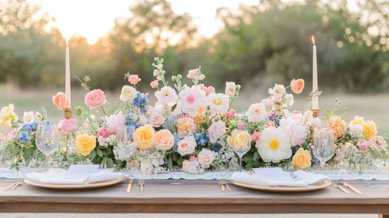Romantisk inställning för utomhusbröllop med pastellblommor stock illustrationer